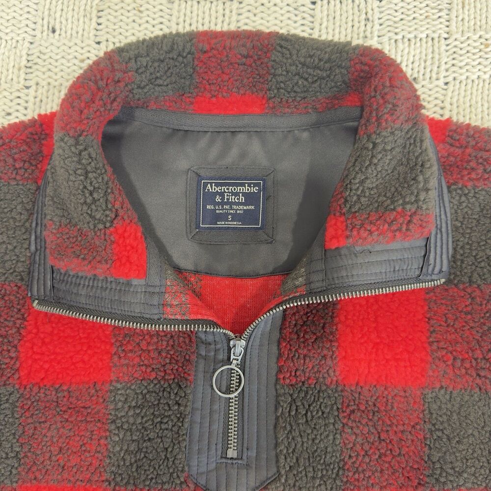 Abercrombie & Fitch Women’s S Sherpa Fleece Pullover Jacket Red Black Plaid - Picture 8 of 12